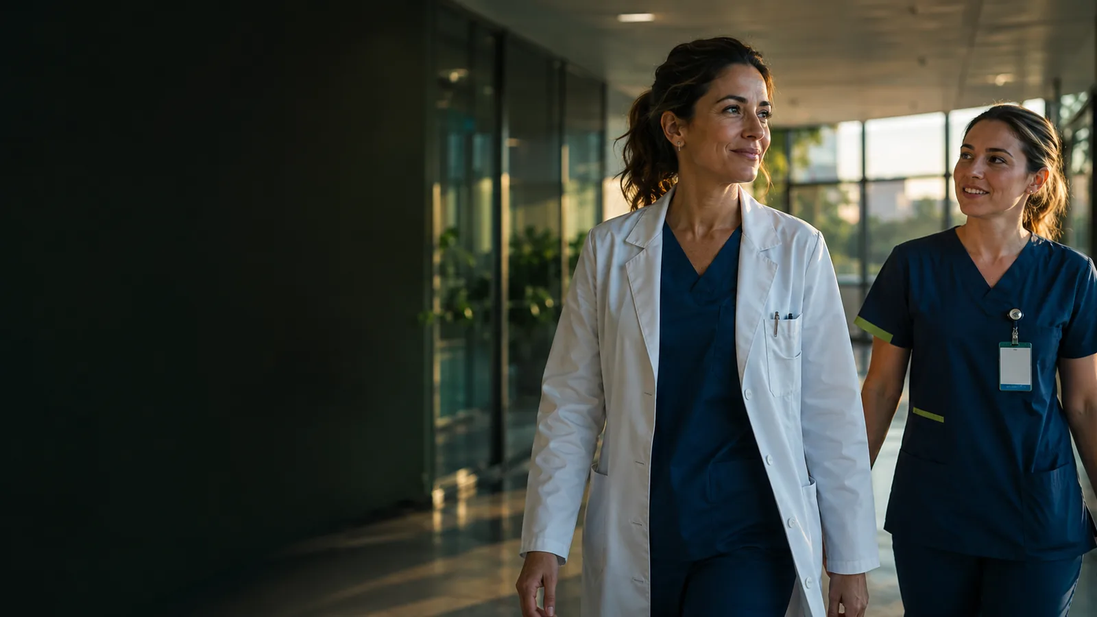 Médica e enfermeira caminhando juntas em um hospital